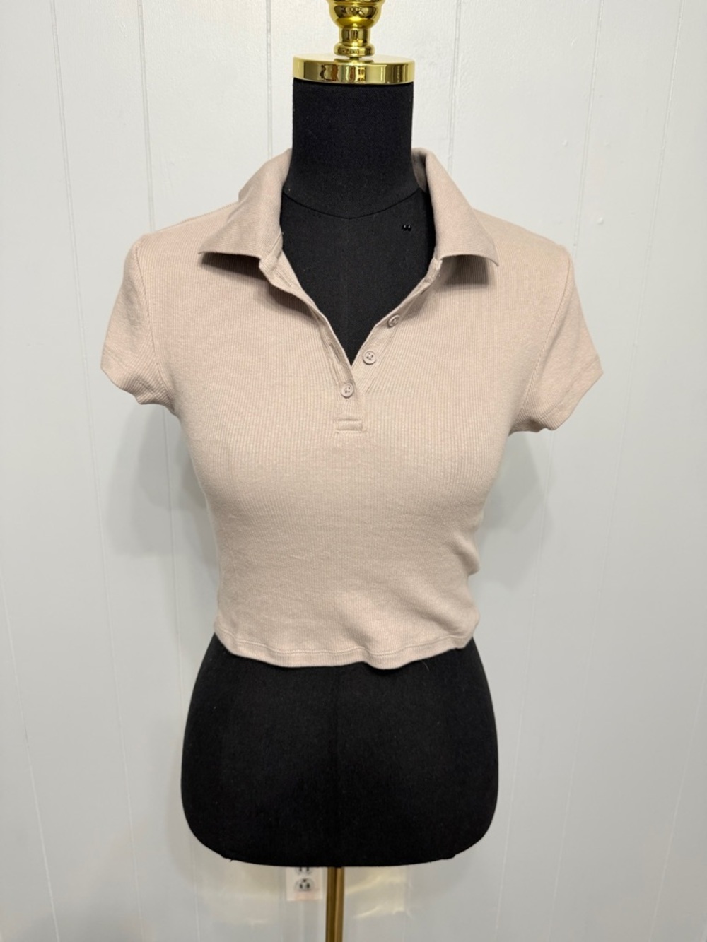 #16)  Divided Light Beige Ribbed Cropped Polo